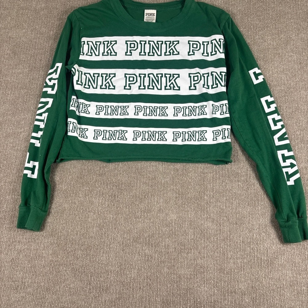 Green Pink Long Sleeve Crop Top 1266